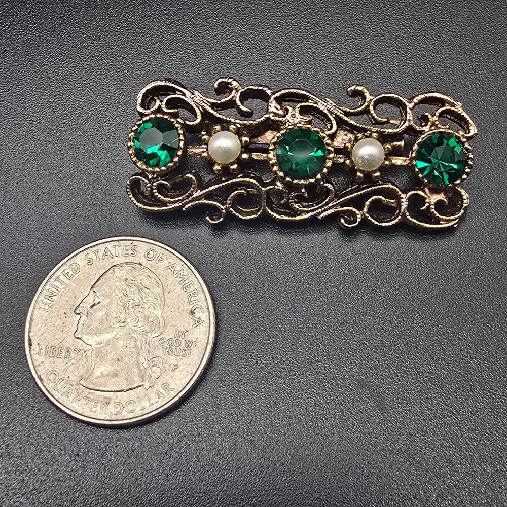 Green Rhinestone Faux Pearl Brooch Rectangle Filigree Vintage Jewelry - Picture 5 of 5
